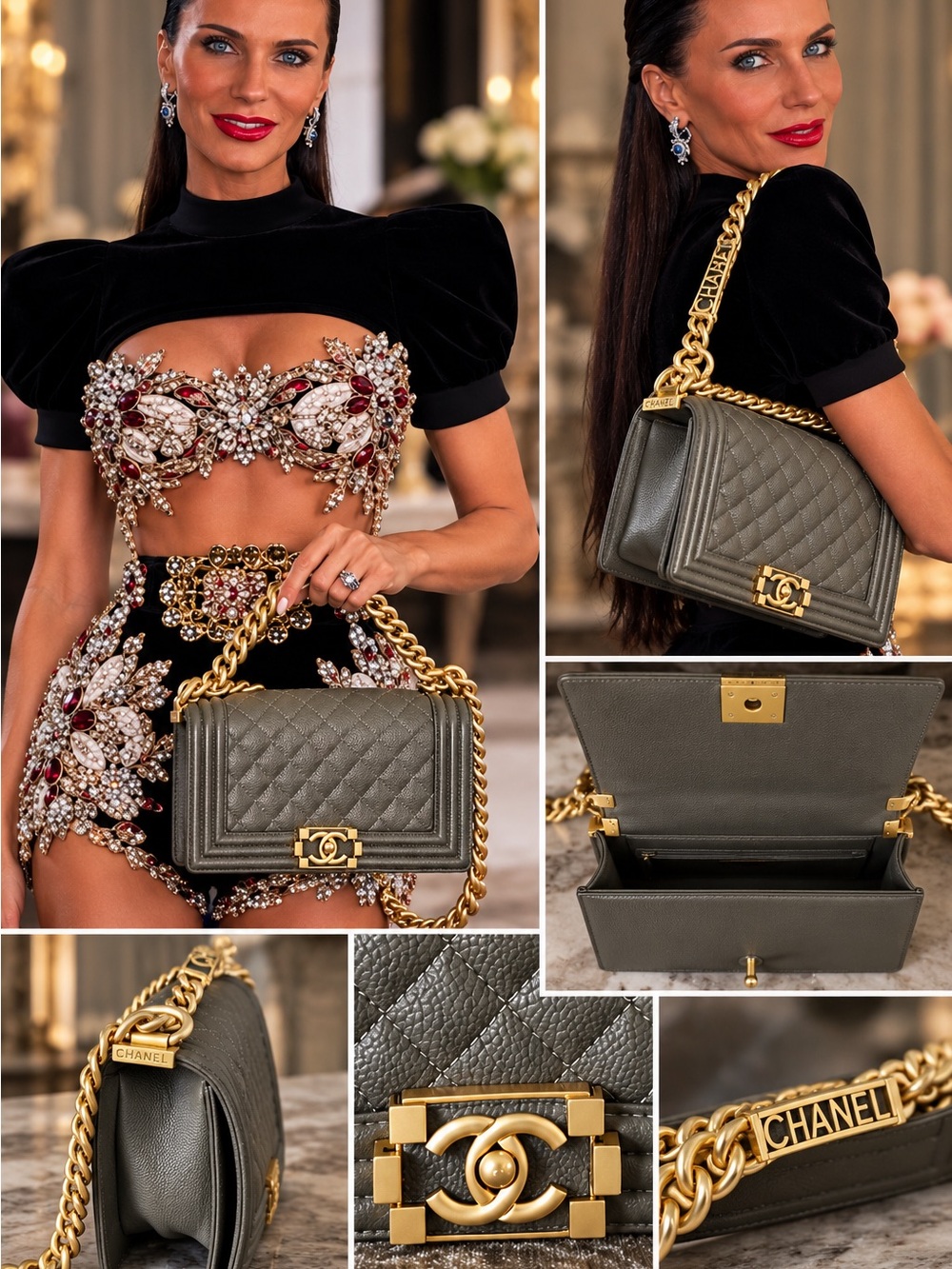 CHANEL Olive Gray Quilted Leather Shoulder Bag with Gold Chain